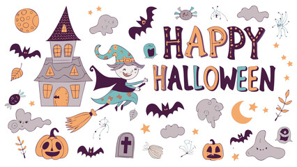 Obraz premium A whimsical halloween scene featuring a witch, haunted house, bats, pumpkins and happy halloween text