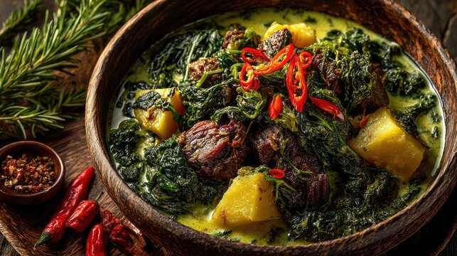 Grenada dish Oil Down Coconut milk stew with breadfruit callaloo and salted meat hearty and spiced