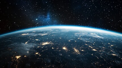 Earth View From Space with City Lights and Starry Background