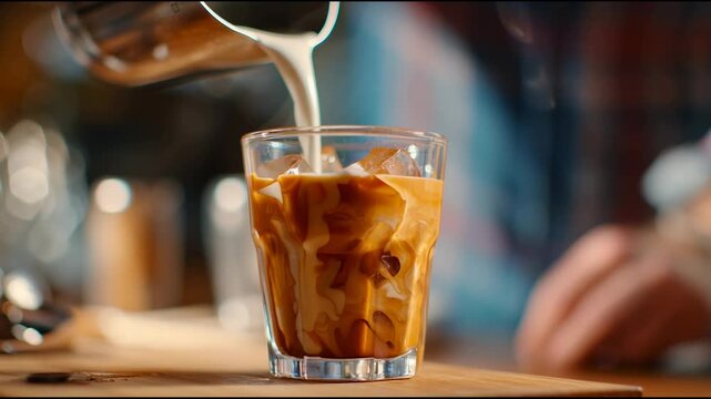 Preparing of luxurious ice latte coffee being blended on the counter in coffee shop.