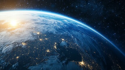 Fototapeta premium Earth View From Space with City Lights and Sunrise on Horizon
