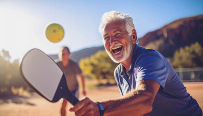 An elderly American man hits a flying pickleball.