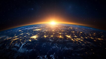 Earth at Sunrise Seen From Space Showing City Lights and Atmosphere