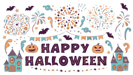 Illustration of happy halloween text with pumpkins bats and haunted houses in festive halloween colors
