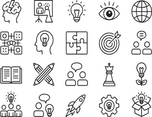 A collection of business strategy icons isolated on white background representing brainstorming, planning, and innovative solutions