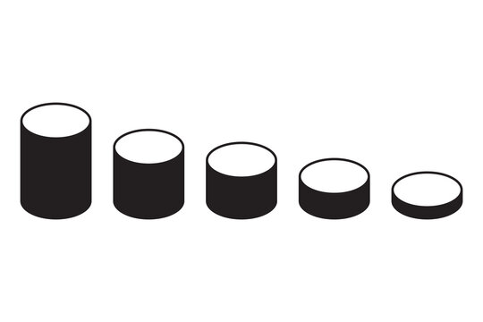 Cylinder shape objects. Decreasing size illustration. Data storage Vector. Volume capacity symbol.