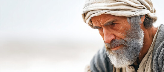 A realistic portrait of a wise, elderly biblical figure in deep contemplation. This cinematic, painterly illustration captures a moment of quiet reflection, sorrow, and wisdom. Banner format.