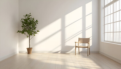 Obraz premium Minimalist room with potted plant and wooden chair by window