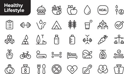 A collection of line icons representing elements of a healthy lifestyle, including food, exercise, and wellness, isolated on white background