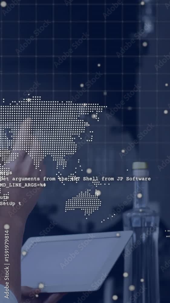 Poster analyzing data on tablet, woman viewing animation with digital world map overlay