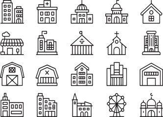 Fototapeta premium A collection of line icons representing various types of buildings and architecture, including houses, hospitals, and churches, isolated on white background