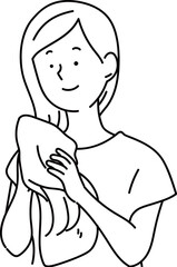 タオルで髪を乾かす女性_線画