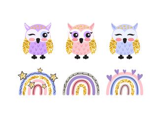 Illustration of a rainbow and an owl on a white background.