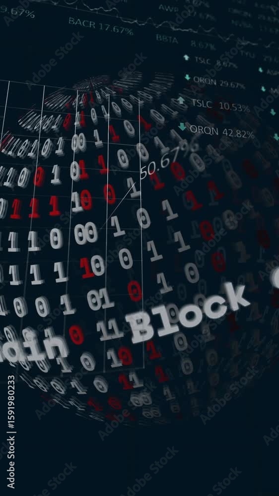 Poster binary code and financial graphs in dark theme with blockchain data animation