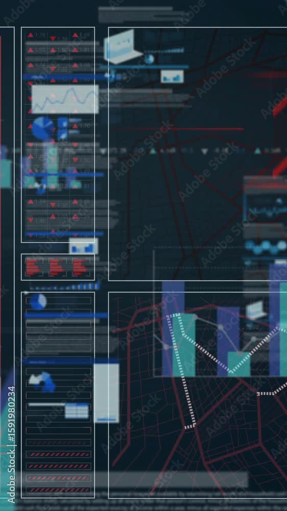 Poster displaying animation of data analytics and graphs on futuristic digital dashboard
