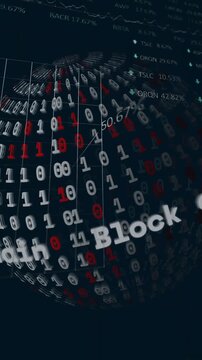Binary code and financial graphs in dark theme with blockchain data animation