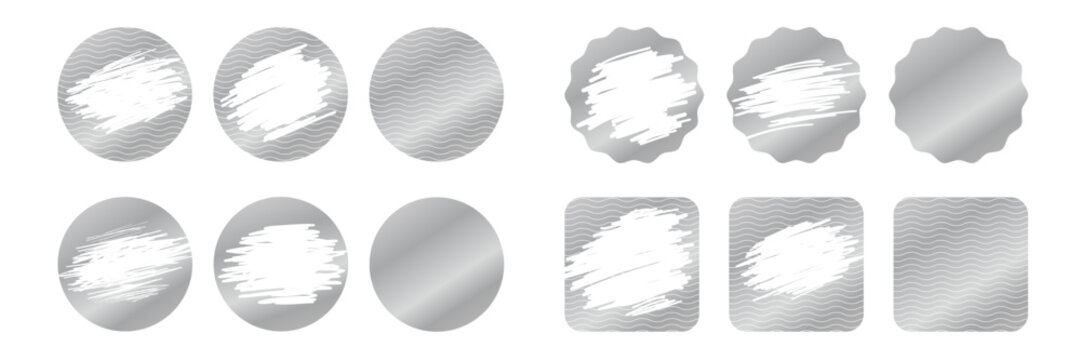 Silver scratch cards, scraped texture effect. Vector set of metallic scratch-off templates for lotteries, prize money, and discount coupons. Isolated on transparent background.