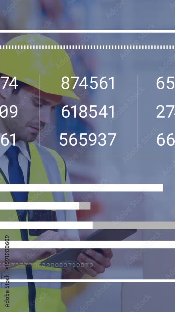 Poster warehouse worker in safety gear using tablet with data processing animation overlay