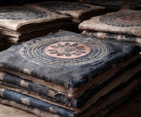 A stack of vintage fabrics with a detailed central motif, featuring a floral design and intricate patterns in aged blue and earthy tones