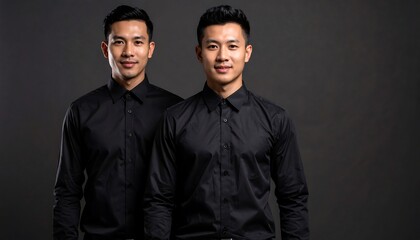 Obraz premium Two men in black shirts against a dark background