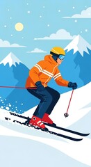 Geometric Illustration of Male Skier in Bright Gear Descending Snowy Mountain Slope with Snowflakes and Moon