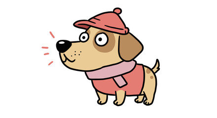 Fototapeta premium Cute cartoon dog wearing a red hat and scarf in a playful pose 