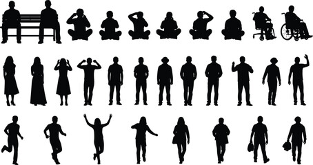 Silhouettes of men and women walking, sitting, running, in wheelchairs, posing, isolated black vector collection