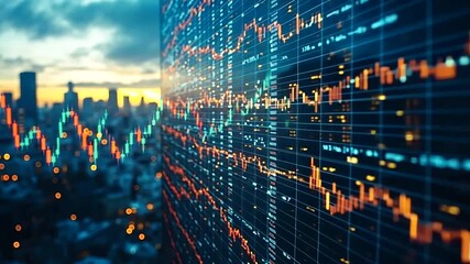 Market data overlaying a glowing cityscape - Powered by Adobe