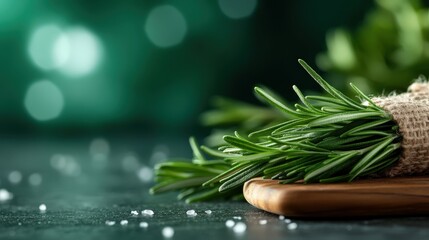 An elegantly arranged bundle of fresh rosemary on a wooden cutting board with scattered salt, capturing the essence of culinary artistry and the vibrant colors of herbs, perfect for food styling and 