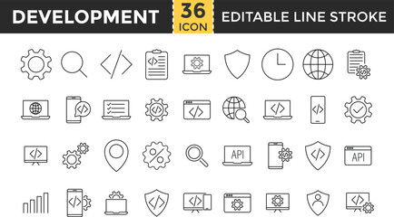 development line icon set. Social governance icons. Code, api, programmer, developer, information technology, coder Information technology sign. Engineering and machinery sign. 