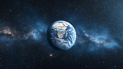 Earth Planet in Space Against Starry Nebula Galaxy Background View