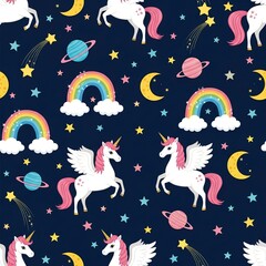 Whimsical Repeating Pattern of White Winged Unicorns with Celestial Elements on Dark Blue Background for Children’s Design