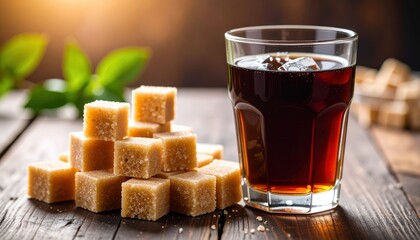 Golden brown cane sugar cubes stand beside cold dark drink Cola in clear glass on rustic wood