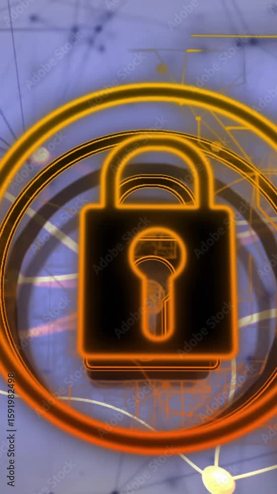 Poster microphone with lock symbol over digital network and data connections animation