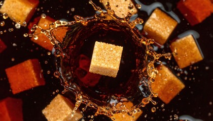 Brown cane sugar cube drops into dark Cola beverage generating energetic liquid splash on black surface