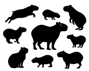 Collection of capybara silhouettes set, capybara icons in various poses, black color, isolated on white background

