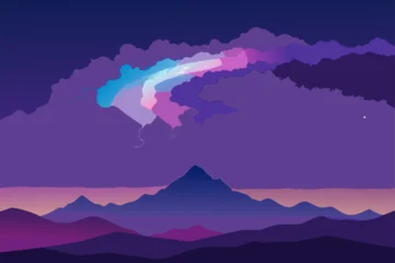 Gordijnen Vibrant planet with rings above a mountainous landscape at dusk © kreshno