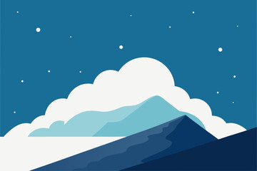 Stylized mountain peaks under a starry sky with fluffy clouds