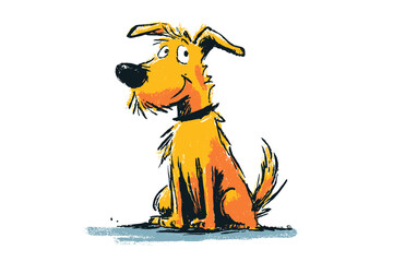 Cartoon illustration of a happy yellow dog sitting on a white background  
