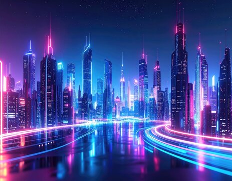 Futuristic city skyline at night with glowing neon lights and swirling roads