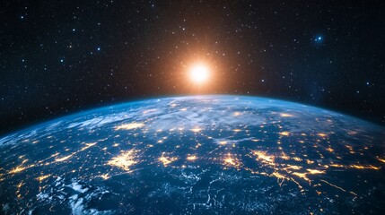 Obraz premium Earth From Space at Night with City Lights and Rising Sun
