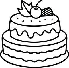 Delicious layered cake with frosting and cherry isolated on white background