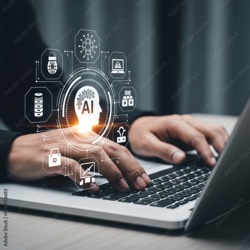 Aufkleber person typing on laptop with glowing a i brain and technology icons artificial intelligence data ana