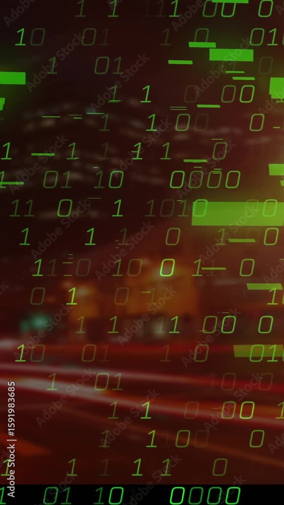 Poster animation of binary code with green data blocks overlaying cityscape at night