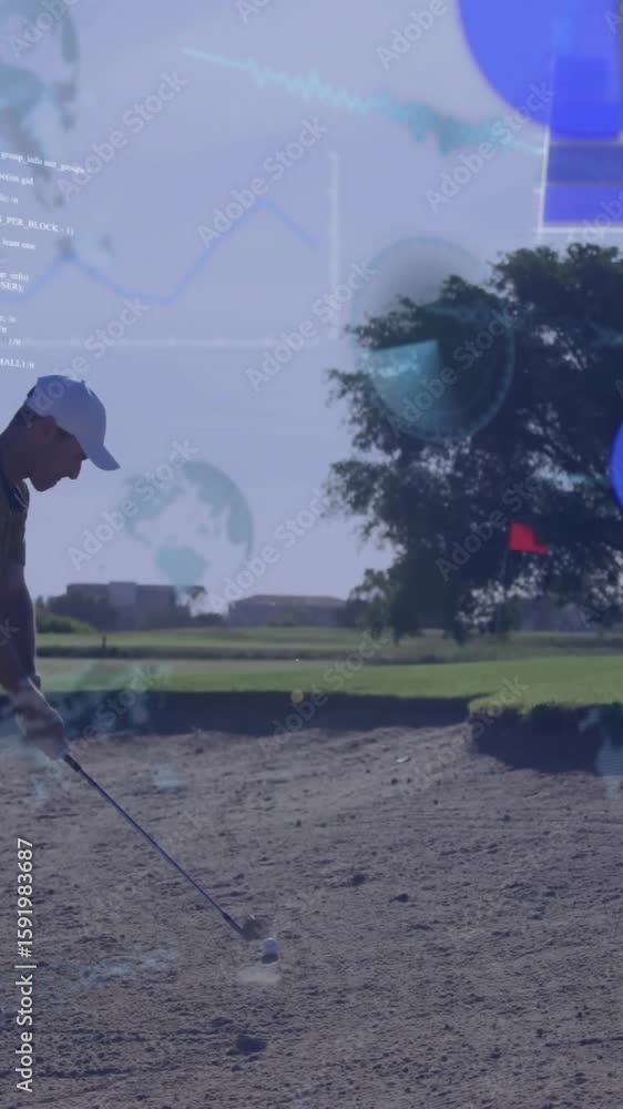 Poster golfer preparing swing in sand trap with data processing animation overlay