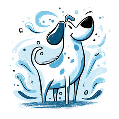 Happy dog wagging tail surrounded by blue splashes and swirls  