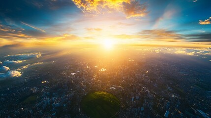 Fototapeta premium Aerial Cityscape at Sunset with Golden Sky Above the Clouds
