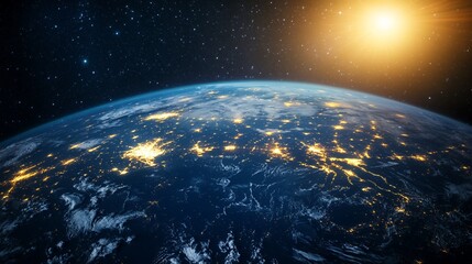 Obraz premium Planet Earth View From Space with City Lights and Sunrise Glow