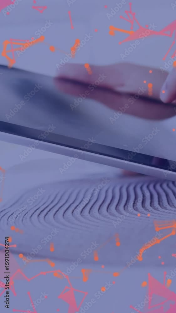 Poster interacting with tablet, hands engaging with colorful abstract pattern animation