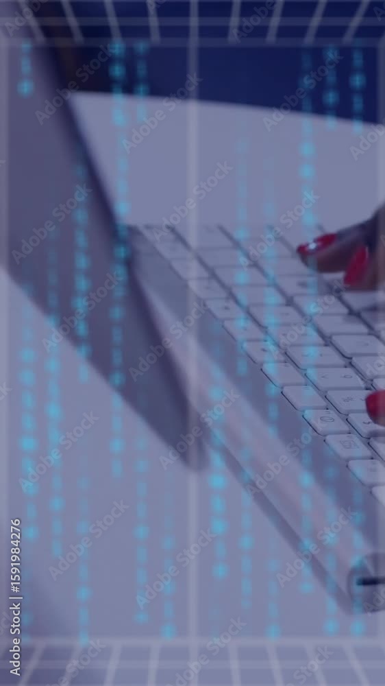 Poster typing on keyboard, digital brain animation and binary code overlay visible
